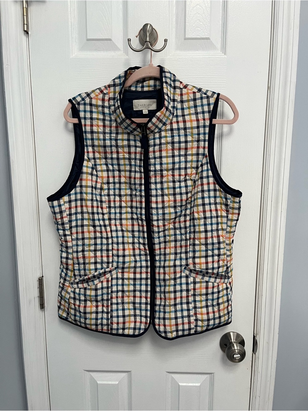 Talbots Petite Women's Vest Multicolor Plaid Pockets Quilted Full Zip LP Petite